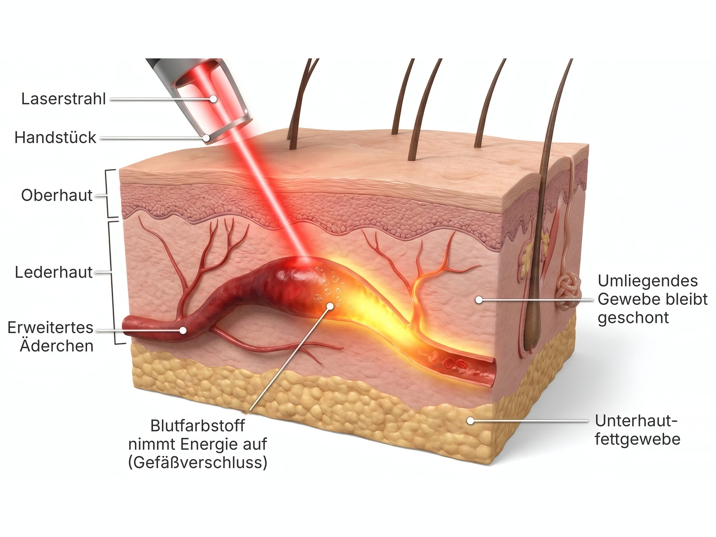 Grafik: Der Laserstrahl trifft ein erweitertes Äderchen in der Lederhaut. Der Blutfarbstoff nimmt die Energie auf, das Gefäß verschließt sich, das umliegende Gewebe bleibt geschont.